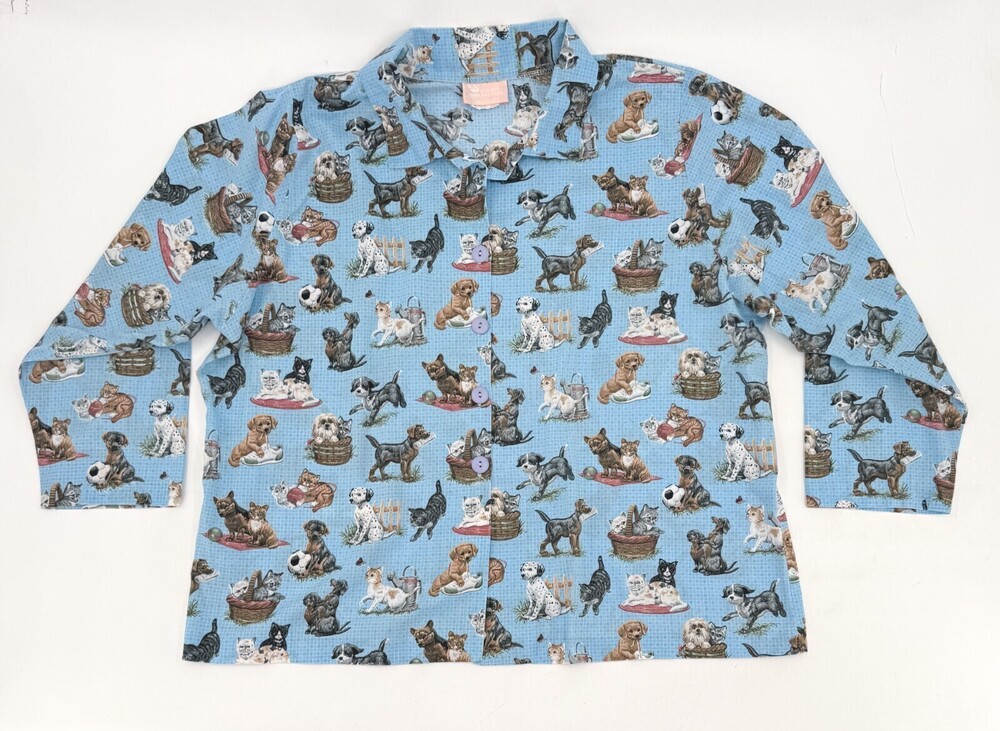 VTG Lynda Smith Swann Pajama Shirt Womens Blue Dogs Button Long Sleeve 1 Piece